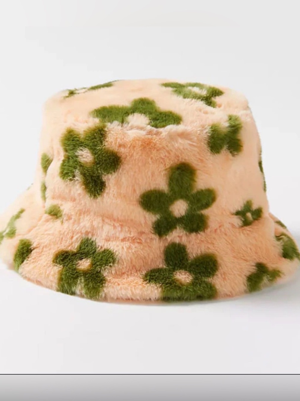 4 for $25- Peach Faux Fur Bucket Hat with Green Floral Pattern - Picture 1 of 5